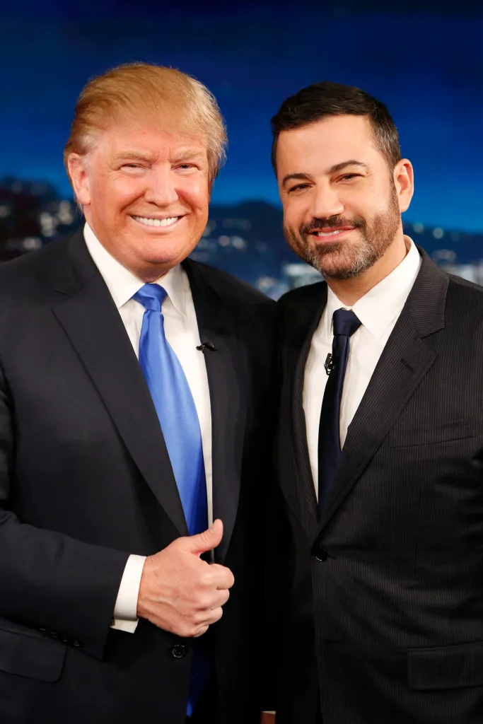 Donald Trump and Jimmy Kimmel smiling, wearing suits and ties.