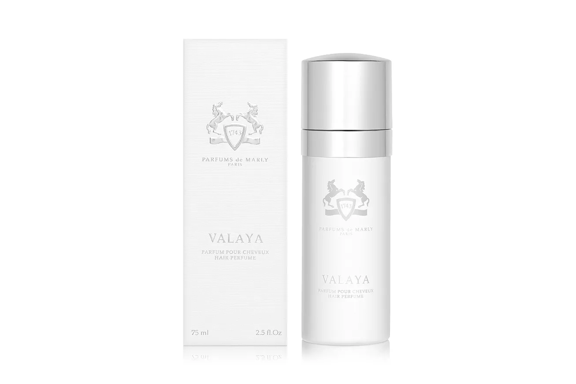 White box and bottle of Parfums de Marly Valaya hair perfume.