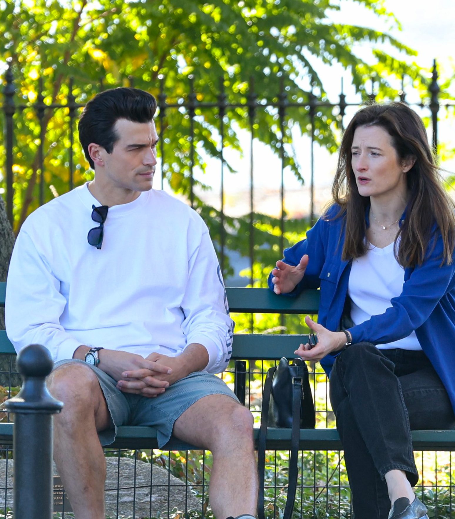 Paul Kelly and Grace Gummer filming on the set of 