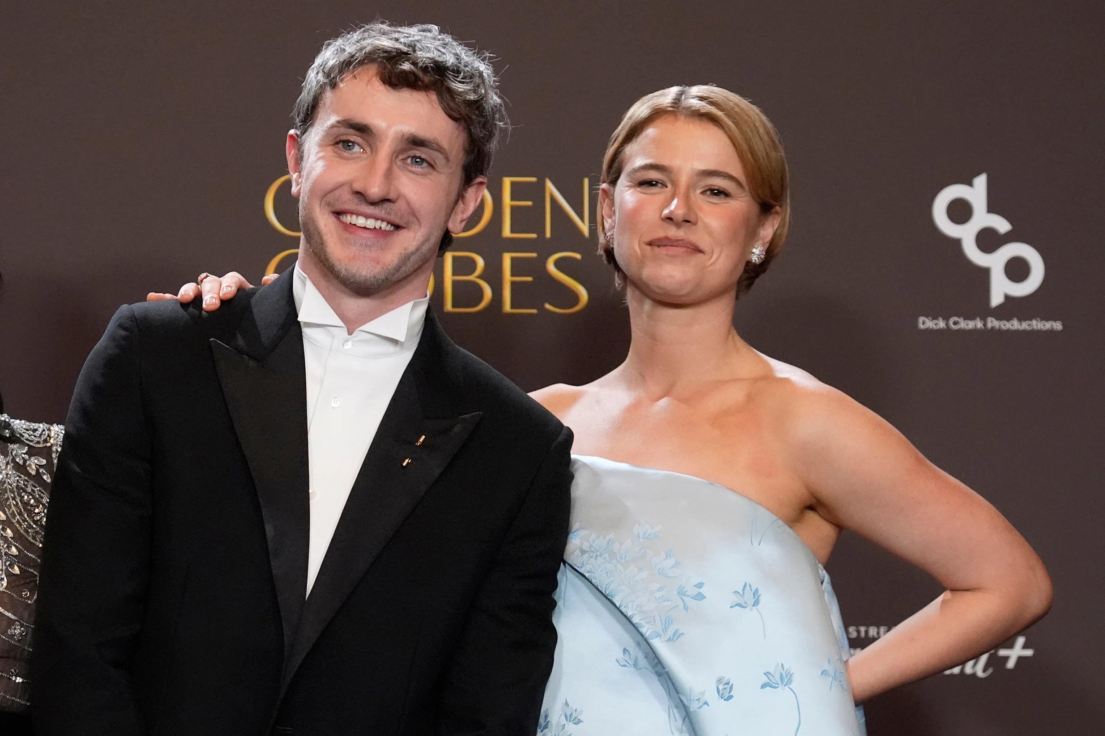Paul Mescal and Jessie Buckley in the press room at the 2026 Golden Globe Awards on Jan. 11