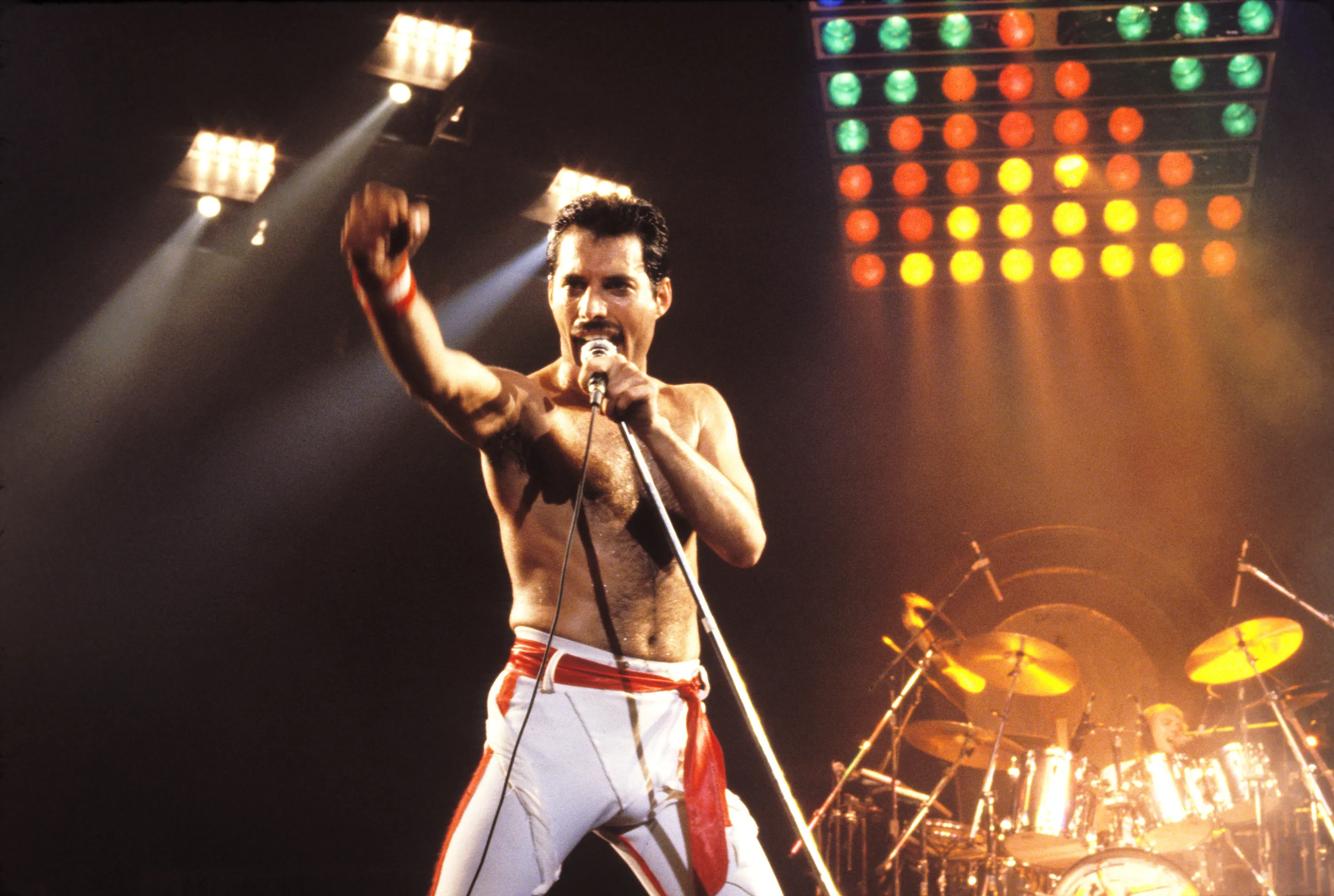 Freddie Mercury performs with Queen at during their 1982 tour in Oakland, California.