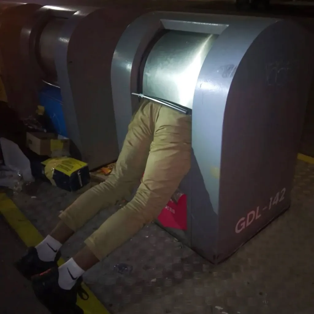 A man's lower body, dressed in khaki pants and black shoes, is seen sticking out of a grey garbage container, indicating he is stuck inside.