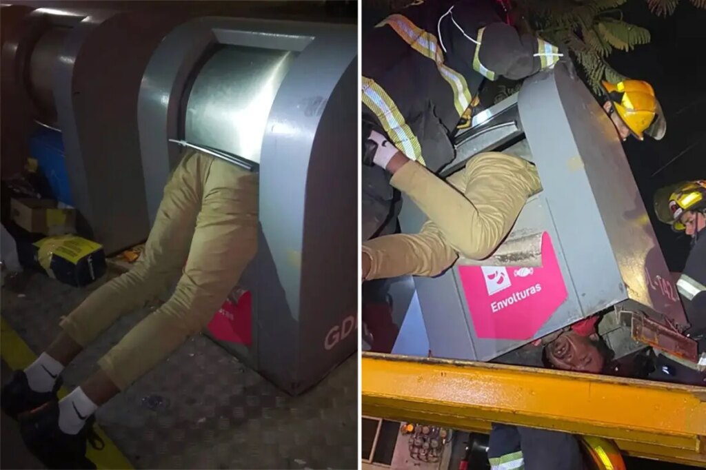 Man rescued after getting stuck in anti-vandal trash container with just his legs dangling out
