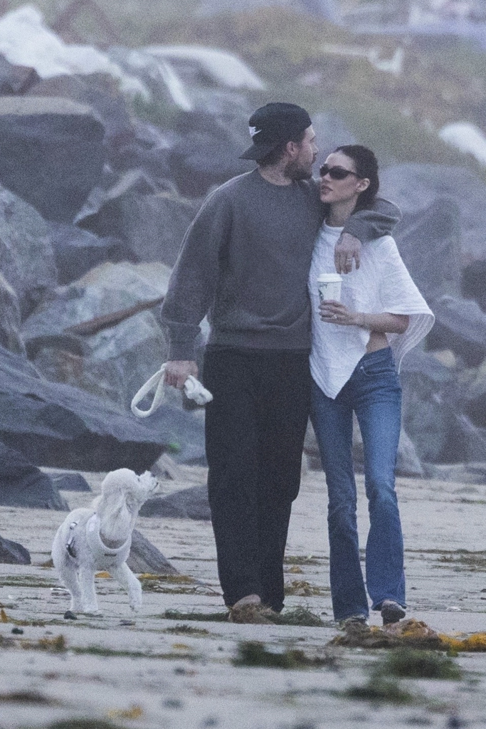 Brooklyn Beckham and Nicola Peltz Beckham walking a rescue dog on the shoreline in Malibu.