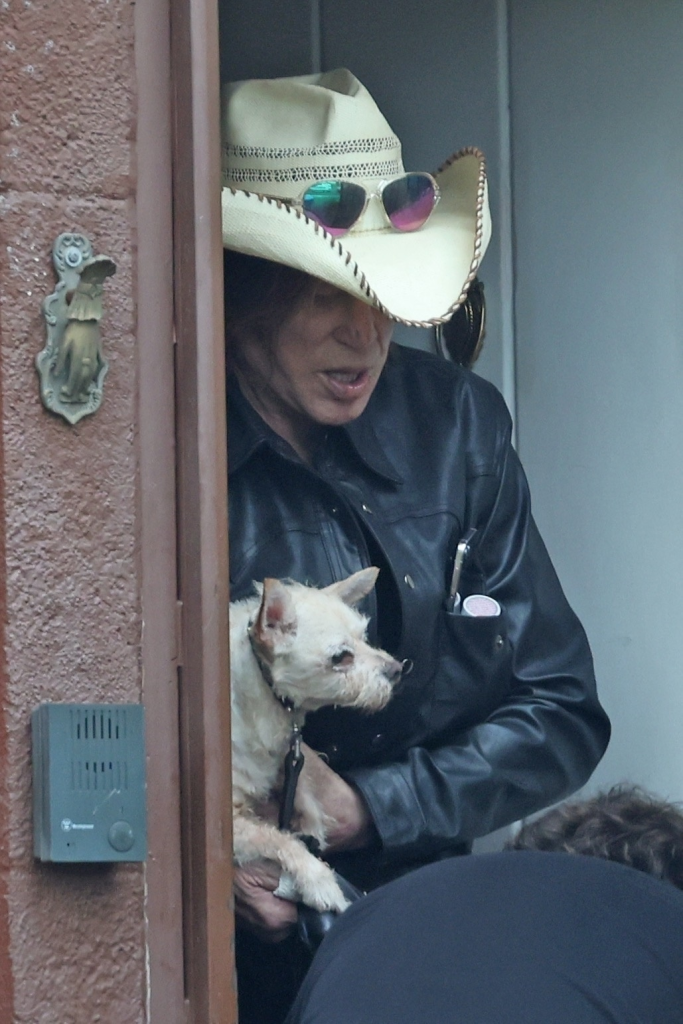 Mickey Rourke in a cowboy hat and sunglasses, carrying his dog.