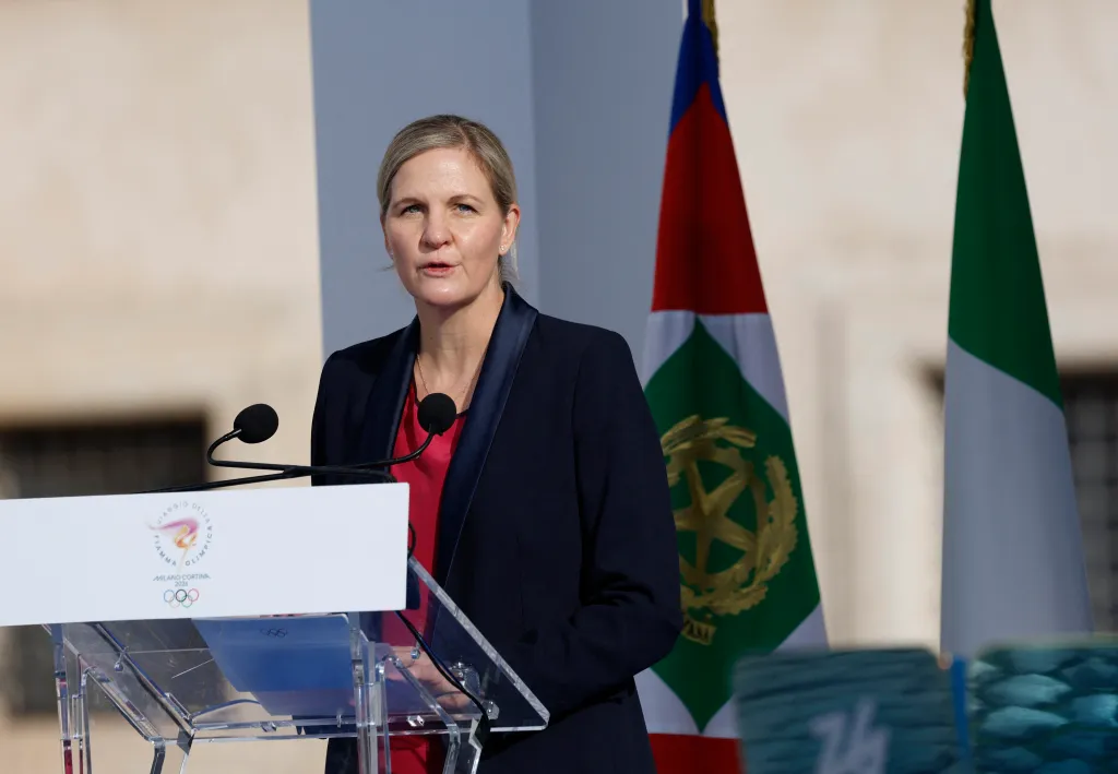 International Olympic Committee president Kirsty Coventry speaks at the 2026 Milano-Cortina Winter Olympics flame lighting ceremony.