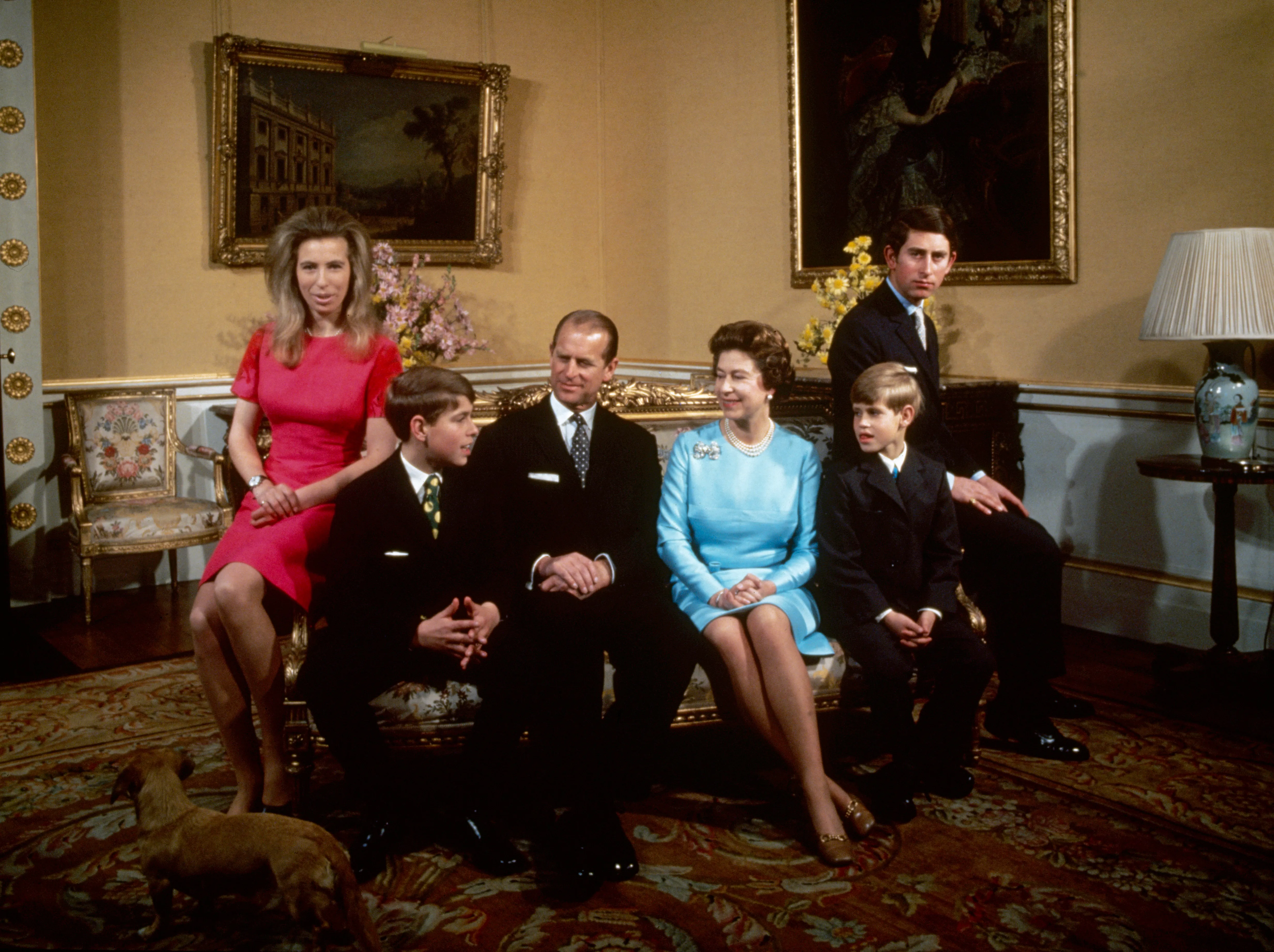The royal family at Buckingham Palace, London, 1972. Left to right: Princess Anne, Prince Andrew, Prince Philip, Queen Elizabeth, Prince Edward and Prince Charles.
