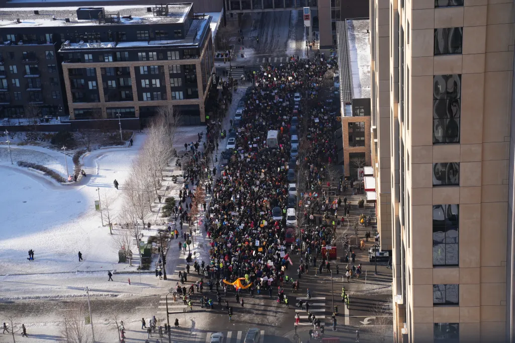 Protesters gather in downtown Minneapolis on Jan. 23, 2026.