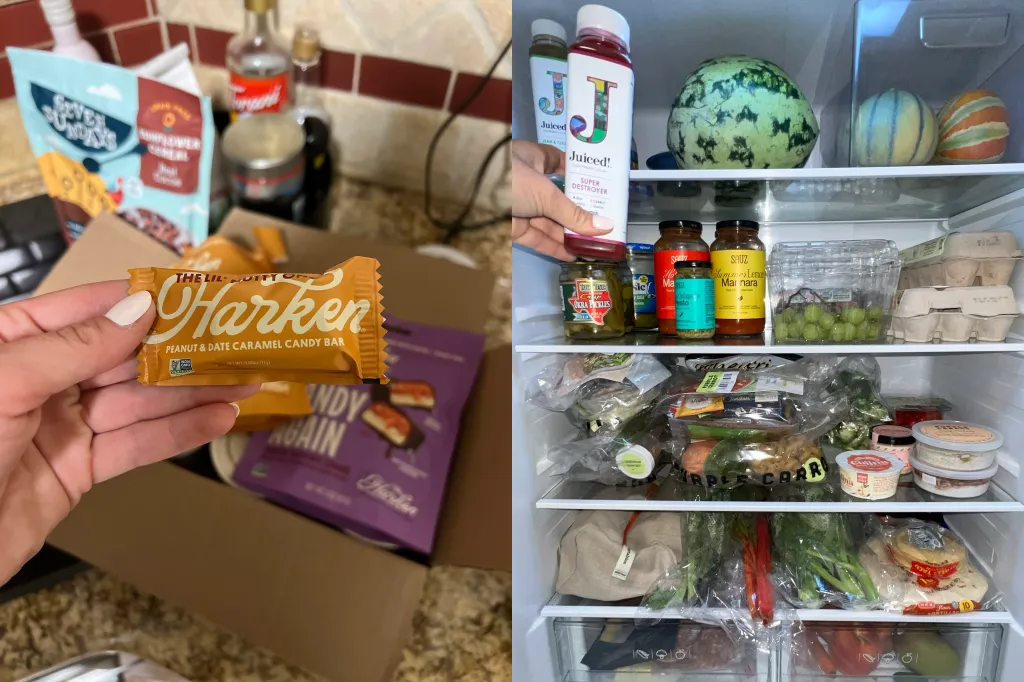 Collage of a hand holding a Harken Peanut & Date Caramel Candy Bar above a box with other snacks, and a refrigerator filled with various groceries including Juiced! drinks, produce, and packaged foods.