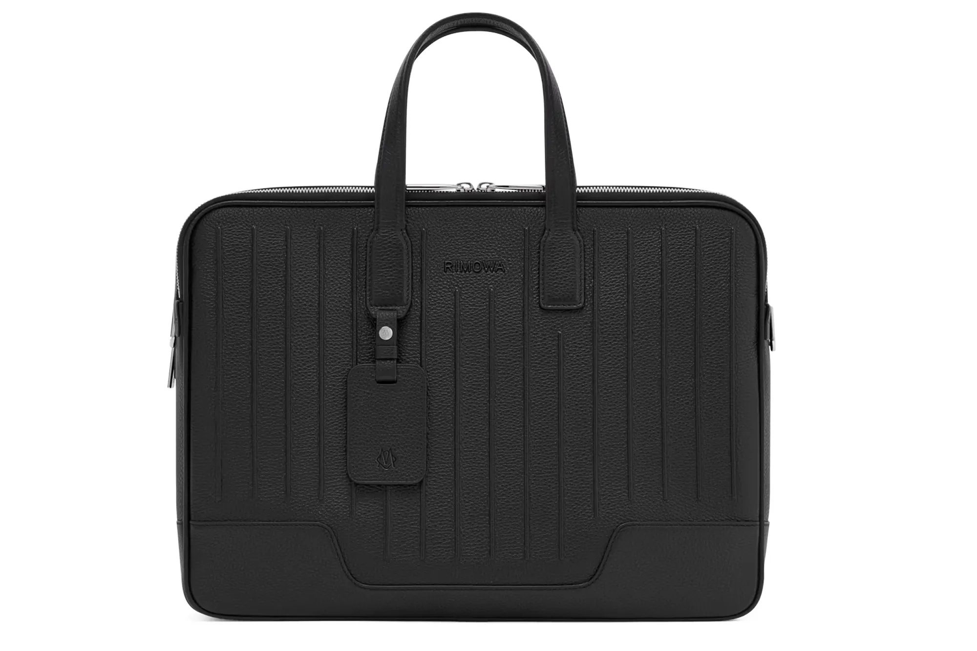A black Rimowa briefcase with a textured surface, parallel vertical indentations, and a silver zipper.