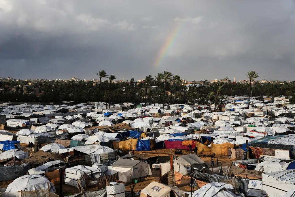 Rainbow over a tent camp for displaced Palestinians in Deir al Balah, Gaza Strip.