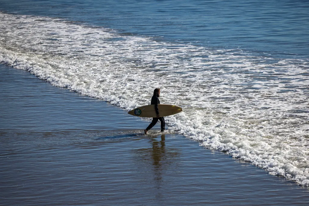 A surfer in a wetsuit carrying a surfboard into the ocean.