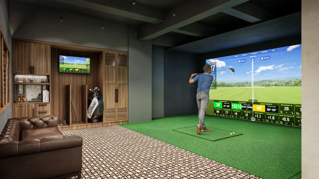 Illustration of a person using a golf simulator with a large screen displaying the golf course and swing metrics.