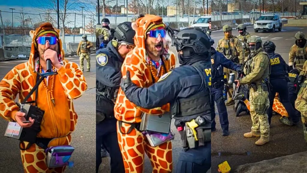 ‘Leave the giraffe alone!’ ICE violently arrests comedian mocking them in animal costume