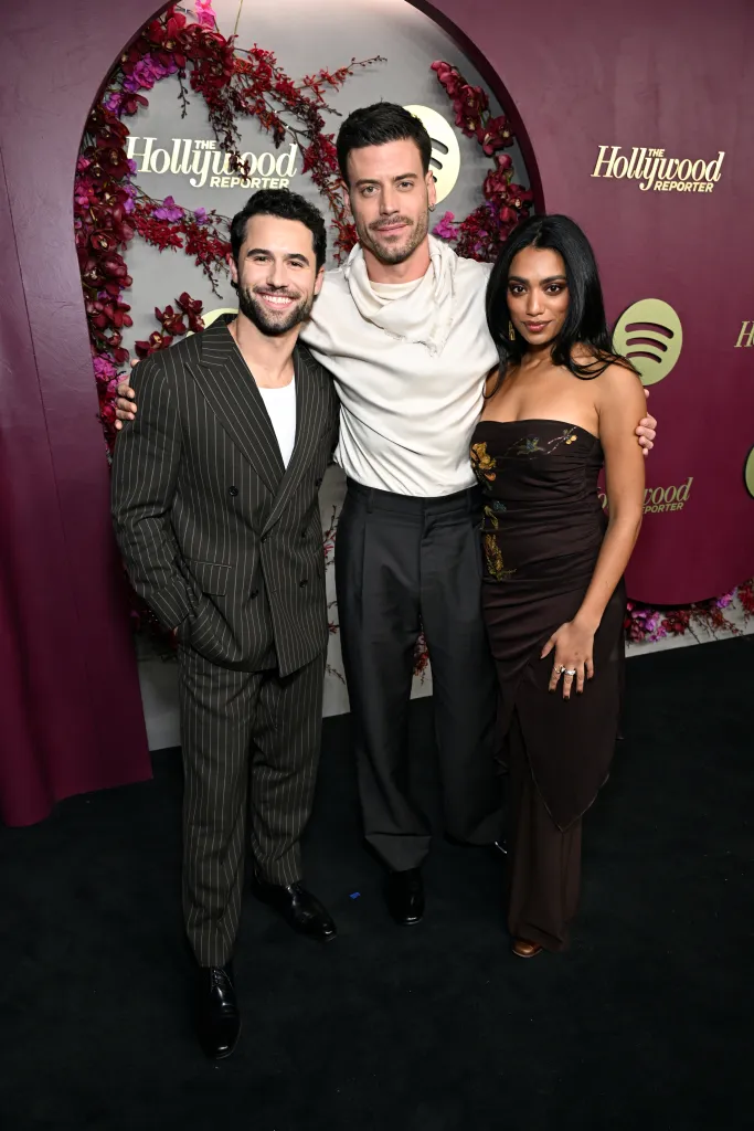 Robbie G.K., François Arnaud and Nadine Bhabha posing together at Nominees Night, an official Golden Week event, hosted by The Hollywood Reporter and Spotify.