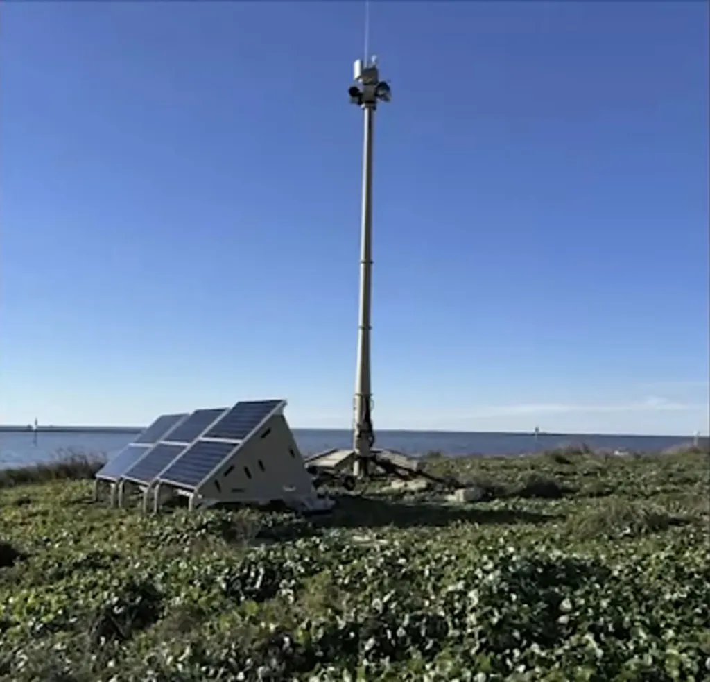 A surveillance tower with solar panels stands on a grassy area next to a body of water.