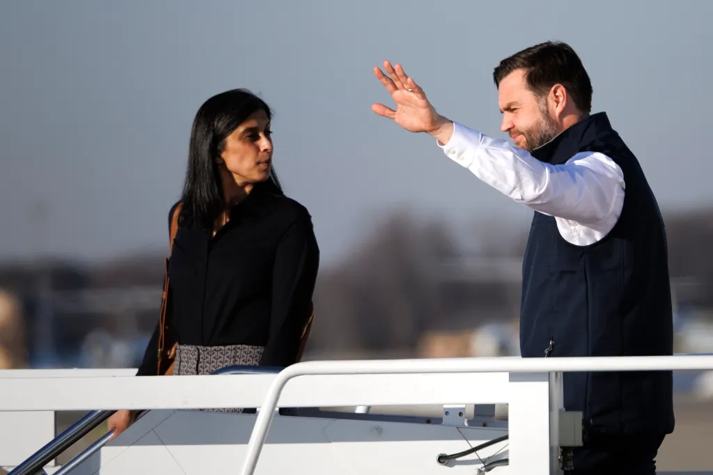 Second lady Usha Vance and her husband, Vice President JD Vance exit Air Force Two at Joint Base Andrews in Md., on Tuesday, Dec. 16, 2025