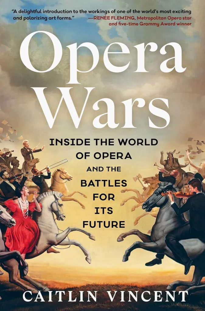 Illustration of an opera singer, conductor, and musicians riding horses as if in battle.