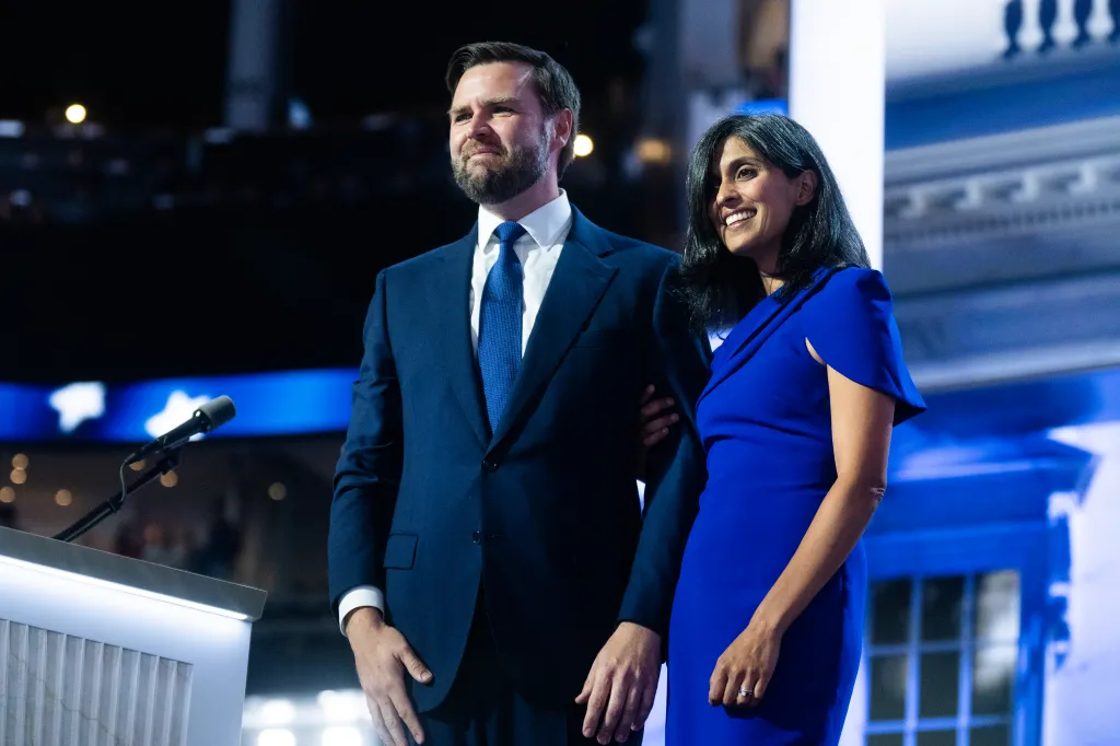 Sen. JD Vance, R-Ohio, nominee to be vice president, and his wife Usha Chilukuri Vance, are seen in the Fiserv Forum after he addressed the Republican National Convention in Milwaukee, Wis., on Wednesday July 17, 2024.