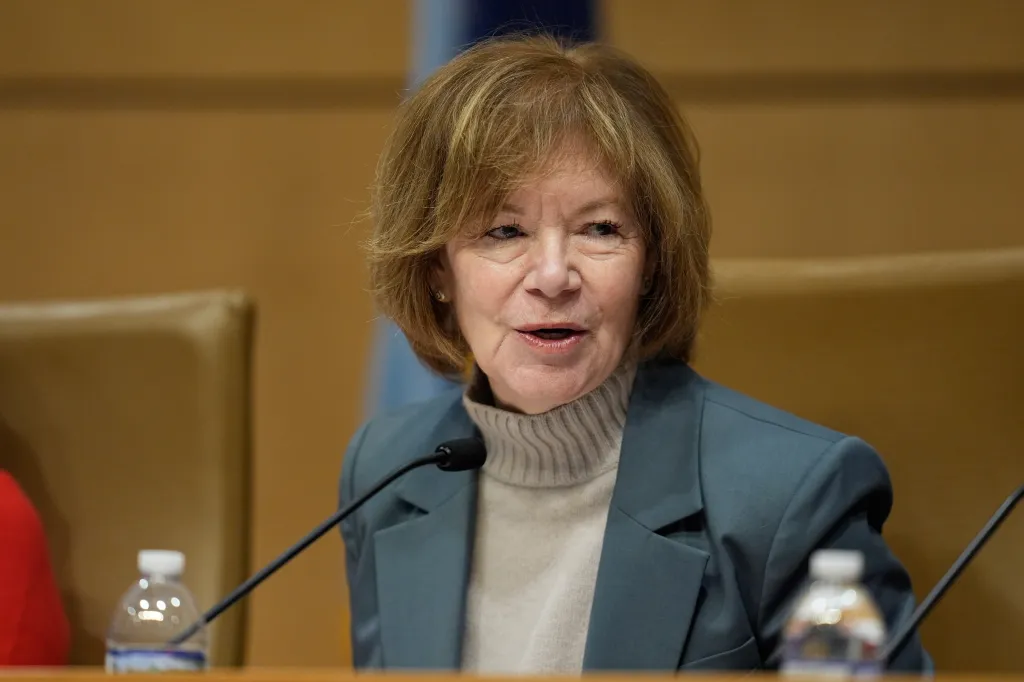 Sen. Tina Smith speaks during a field hearing on immigration in St. Paul, Minn. on Jan. 16, 2026.