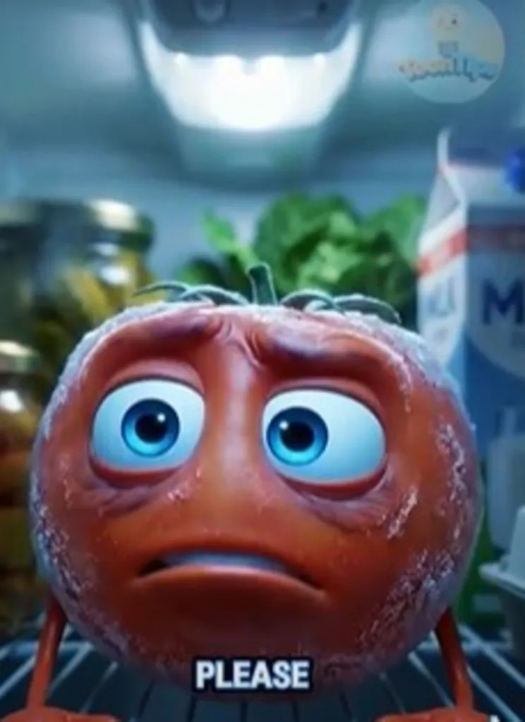 Illustration of a sad, anthropomorphic tomato in a cold refrigerator, pleading.