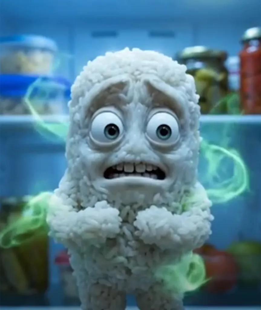 Illustration of a cartoon rice character looking scared as green fumes rise from it, indicating spoilage.