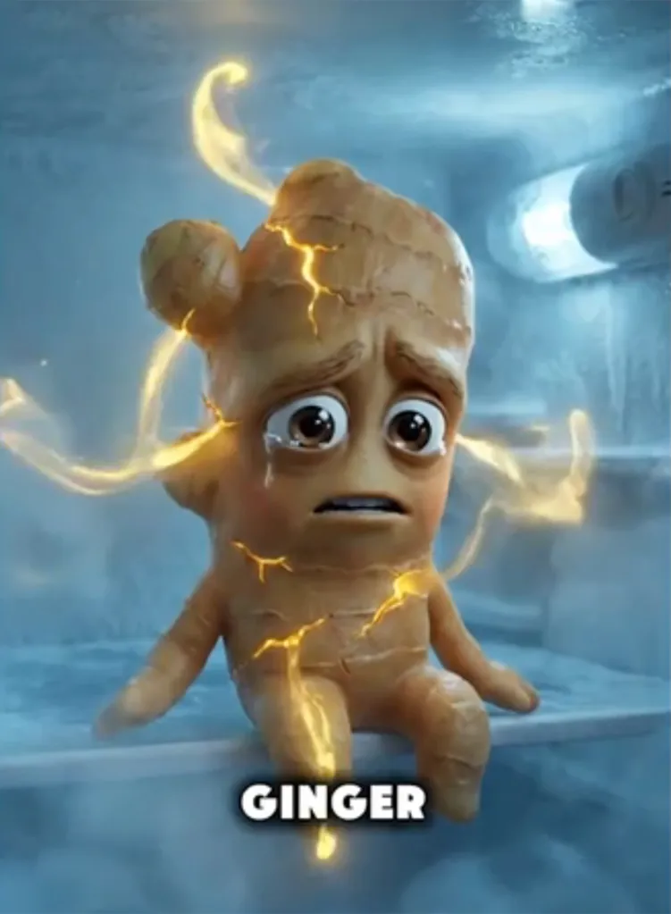 Illustration of a crying cartoon ginger root with glowing cracks, sitting in a cold refrigerator.
