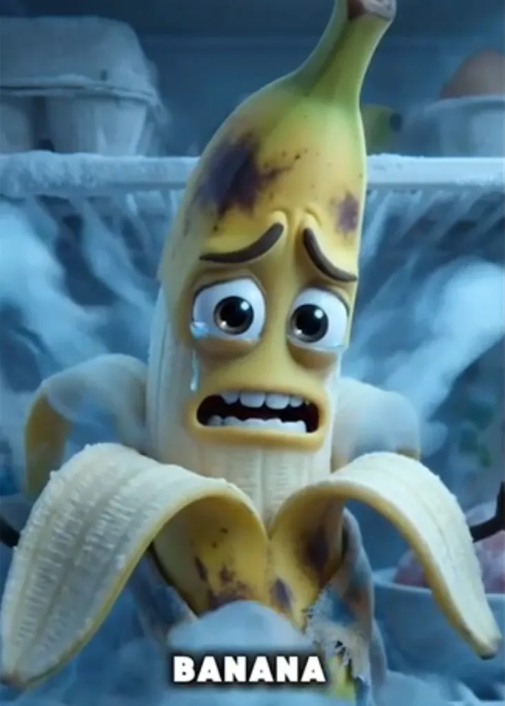 Illustration of a distressed banana in a frozen refrigerator.