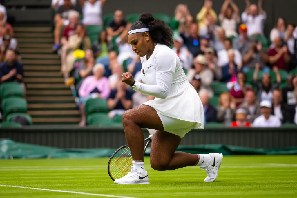 Serena Williams celebrates during her first-round match at Wimbledon 2022.