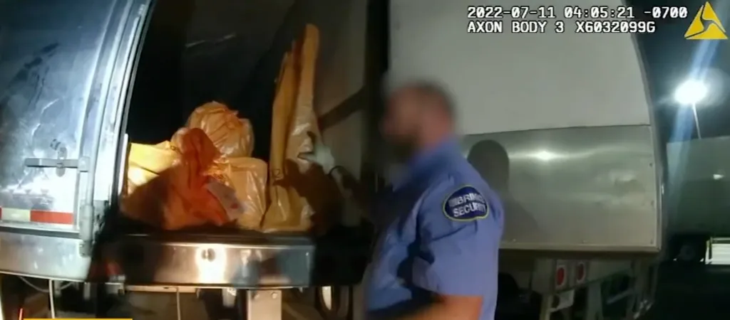 Bodycam footage of a Brink's security guard next to an open truck filled with bags of jewelry.