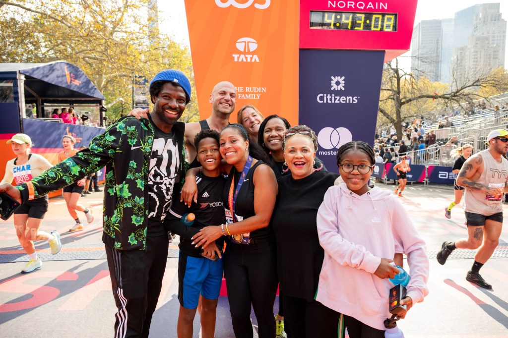 From left, Uche Ojeh, in a green and black jacket, blue hat, black t-shirt and black sweatpants, Sheinelle Jones, in a black tank top and black leggings. Uche Ojeh in a black t-shirt and blue shorts, Clara Ojeh in a pink sweatshirt.