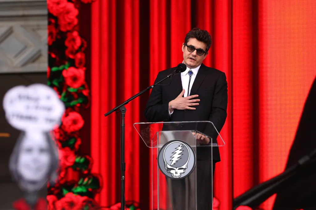 Singer-Songwriter John Mayer speaks during a memorial event for Bob Weir, Grateful Dead co-founder and rhythm guitarist, at the Civic Center Plaza in San Francisco, California, U.S., January 17, 2026.