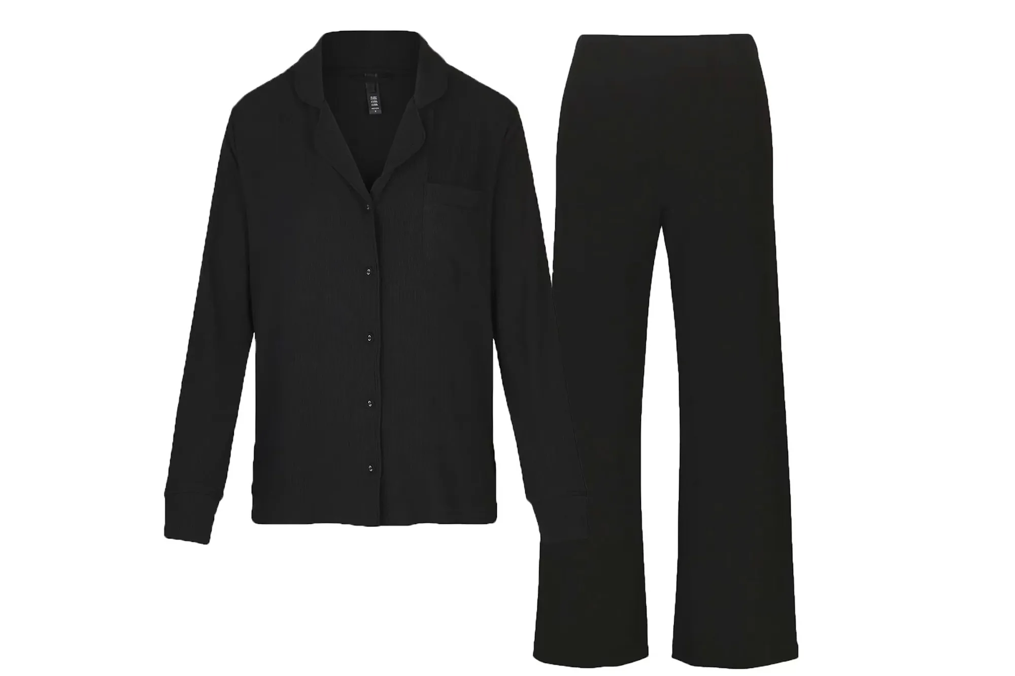 Black long-sleeved shirt with a collar and matching pants.