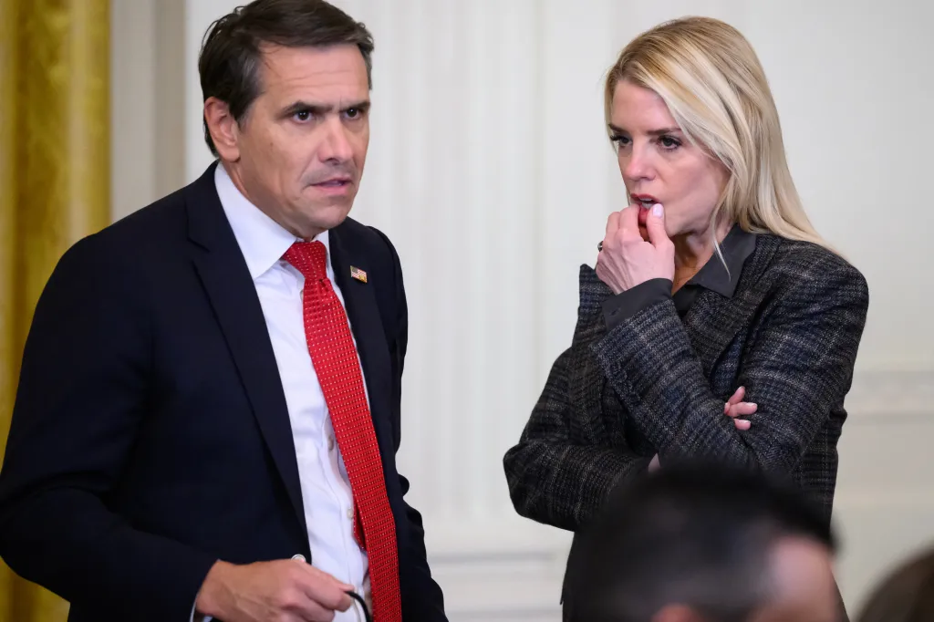 US Attorney General Pam Bondi speaks with Deputy Attorney General Todd Blanche.