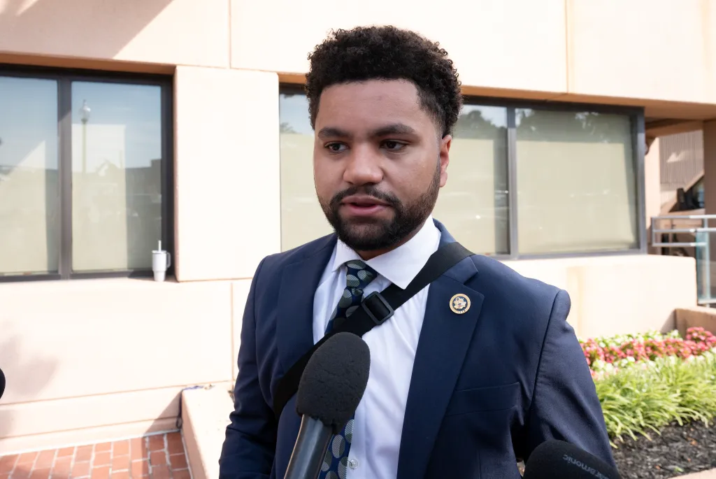Rep. Maxwell Frost speaks to reporters at the Democratic National Committee Headquarters in Washington, DC, on July 9, 2024.