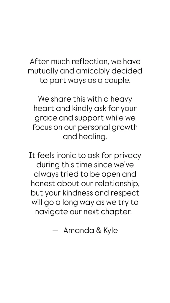 A text statement from Amanda and Kyle announcing their mutual decision to part ways.