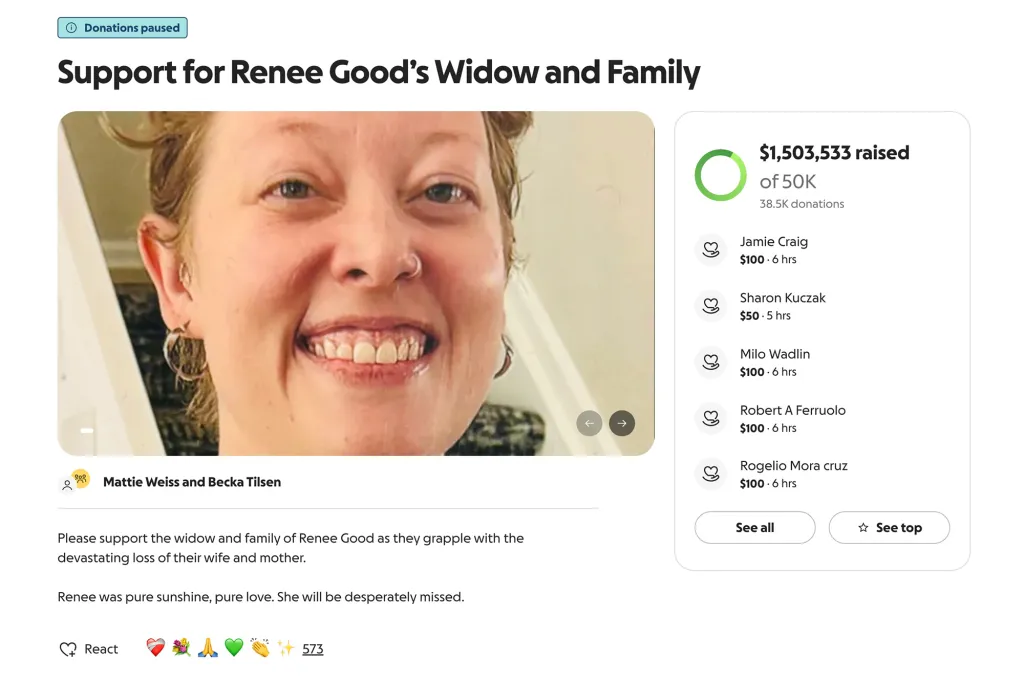 A GoFundMe page for Renee Good's widow and family, showing Renee smiling and over $1.5 million raised.