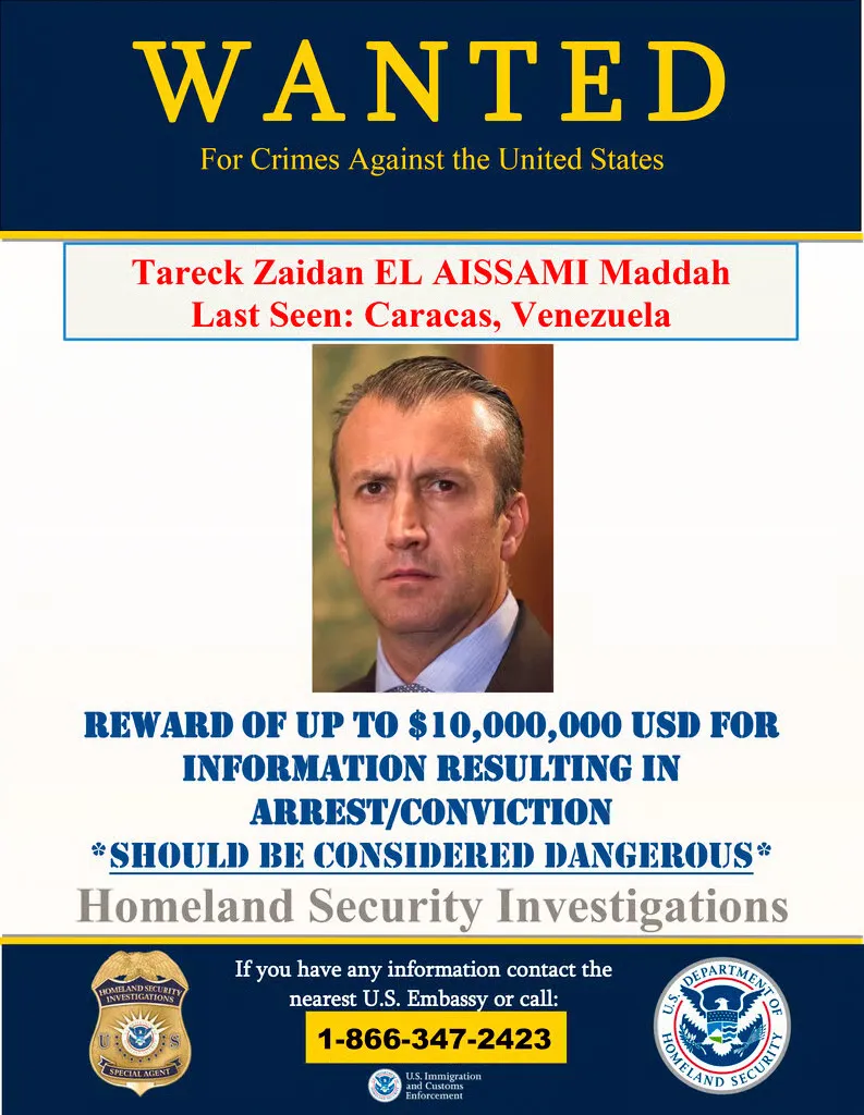 Wanted poster for Tareck Zaidan EL AISSAMI Maddah from the US State Department.