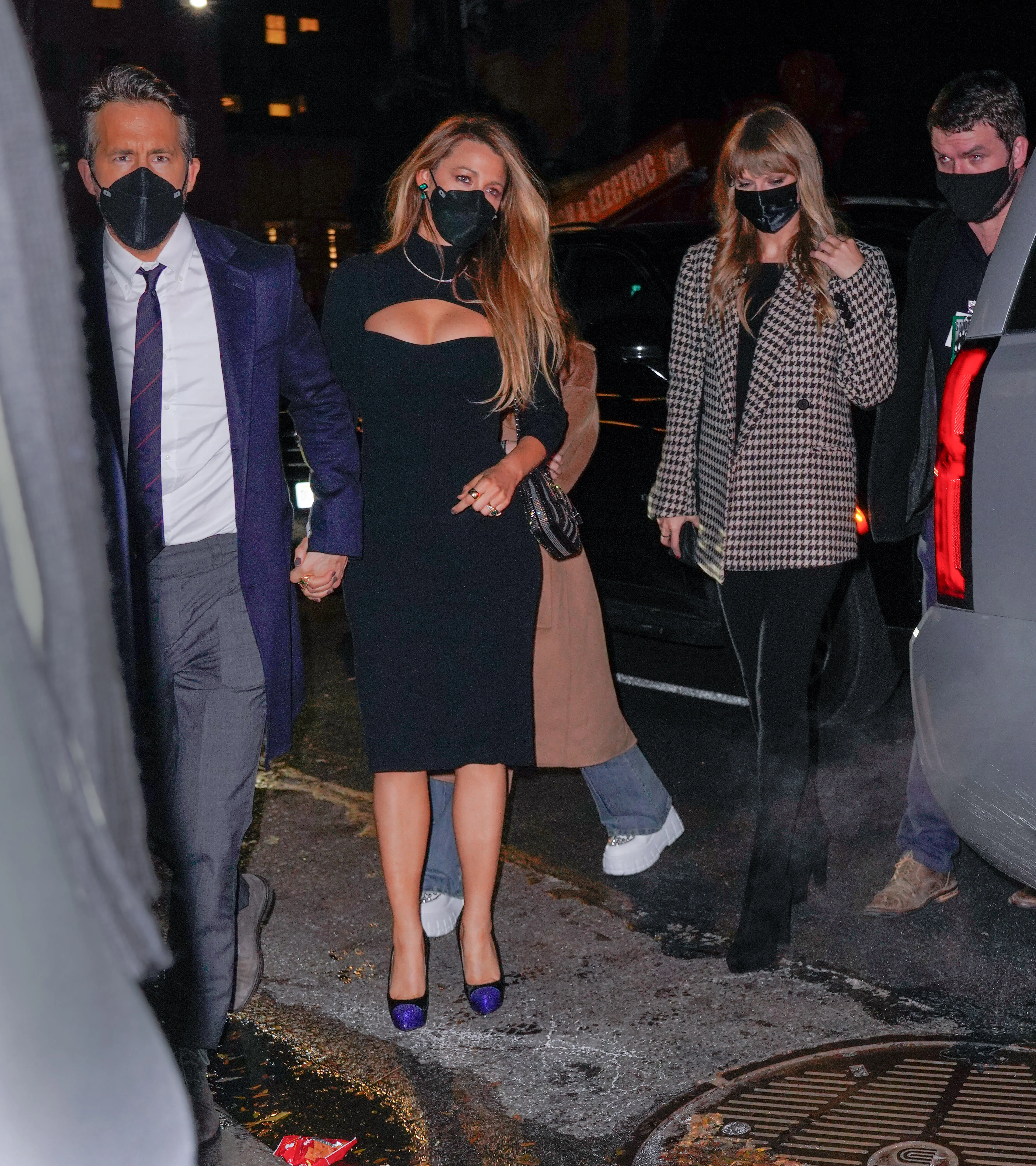 Ryan Reynolds, Blake Lively, and Taylor Swift wearing masks and arriving at an SNL Afterparty.
