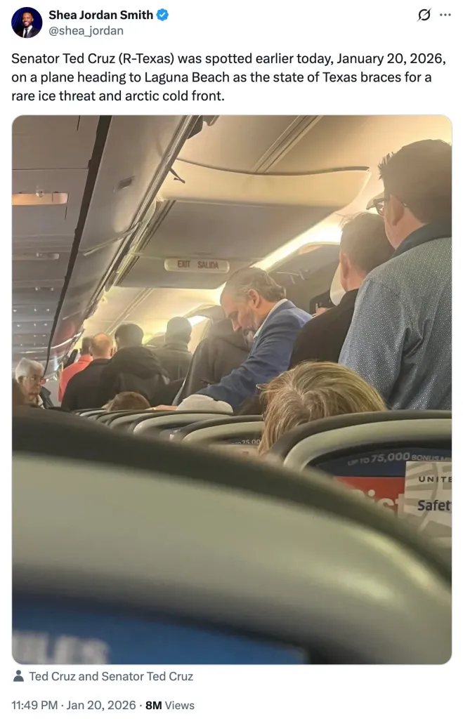 Ted Cruz on a plane heading to Laguna Beach as Texas faces an ice storm.