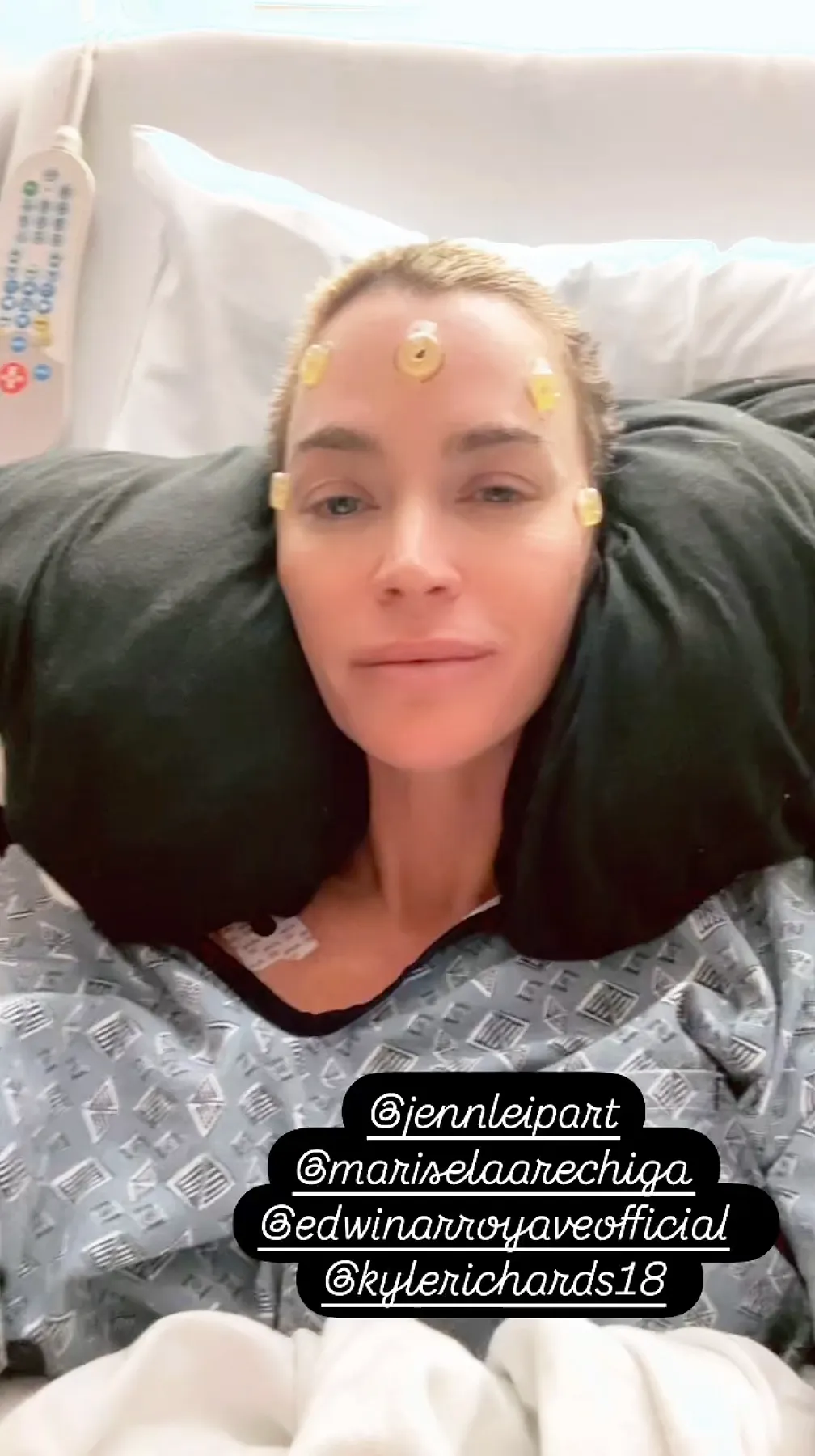 Teddi Mellencamp in a hospital bed with electrodes on her head.