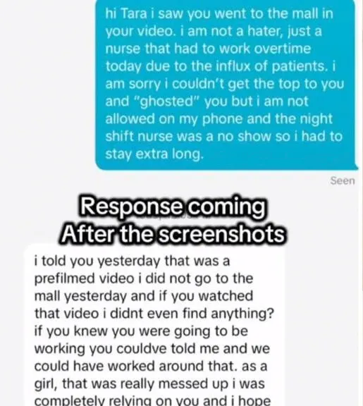 Screenshot of text messages between Nurse Ellie and influencer Tara Lynn discussing a missed shopping request.