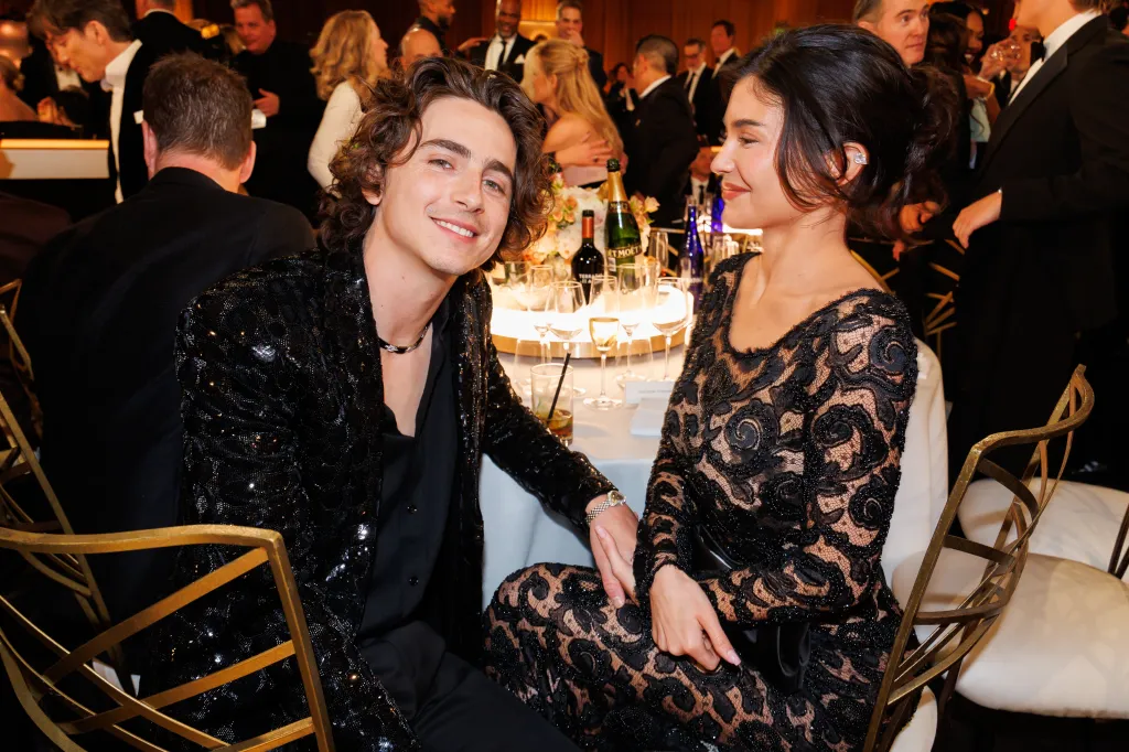 Timothée Chalamet and Kylie Jenner holding hands at the Golden Globe Awards.