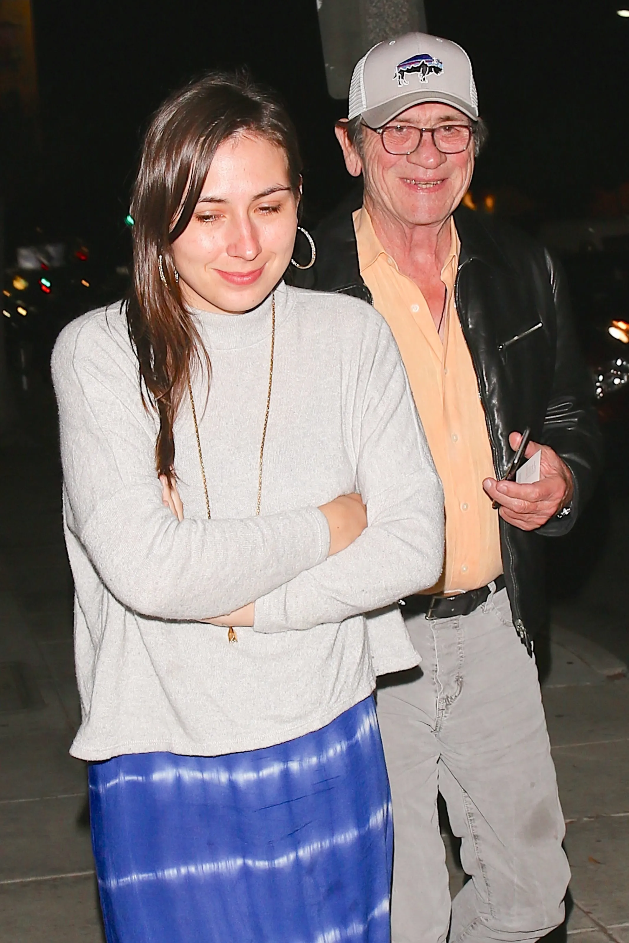 Tommy Lee Jones smiling with his daughter Victoria Jones outside Matsuhisa.