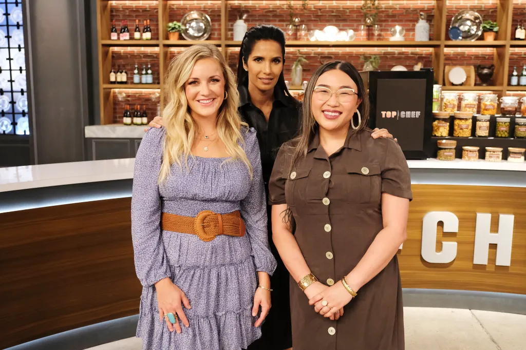Kelsey Barnard Clark and Nini Nguyen standing side-by-side in a cooking show setting.