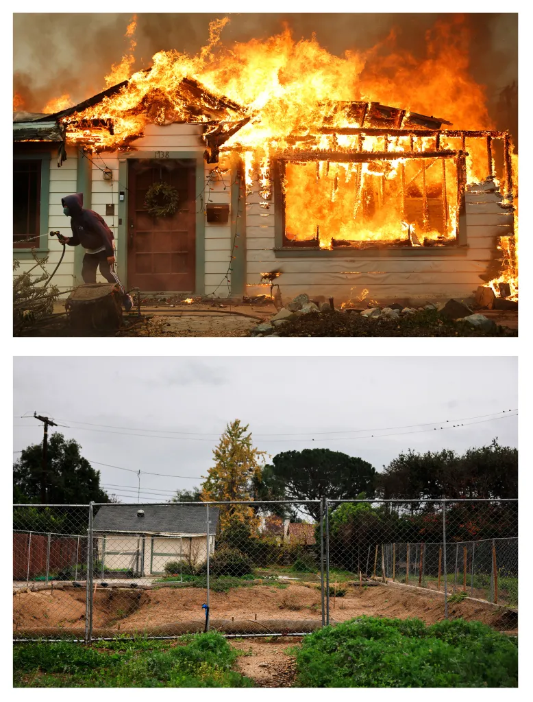 Collage of a house on fire with a person spraying water and a fenced-off empty lot that used to hold a house.