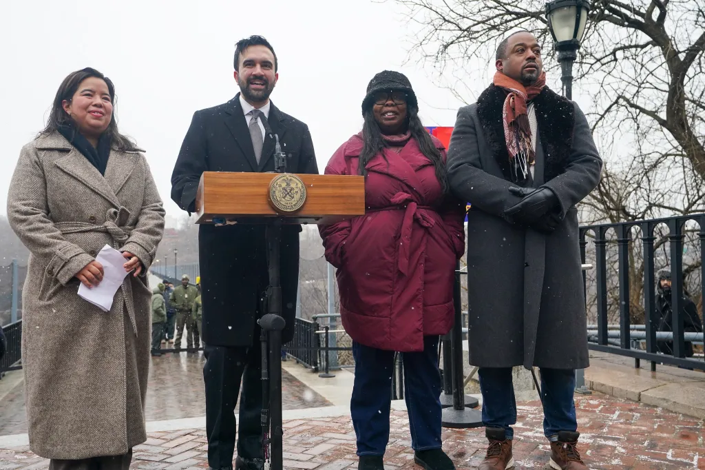NYC Mayor Zohran Mamdani, Tricia Shimamura, Althea Stevens, and Landon Dias at a press conference in High Bridge Park.