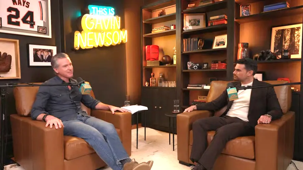 Gavin Newsom and Ben Shapiro speaking on a podcast.