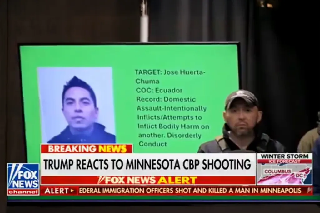 Fox News broadcast discussing Trump's reaction to a Minnesota CBP shooting, with a picture of Jose Huerta-Chuma and his record on screen.