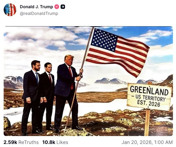 Illustration of Donald Trump, J.D. Vance, and Marco Rubio planting an American flag in Greenland, with a sign reading 